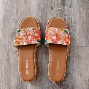 Steve Madden Tan Slides with Pink, Orange & Green Floral Embroidery
